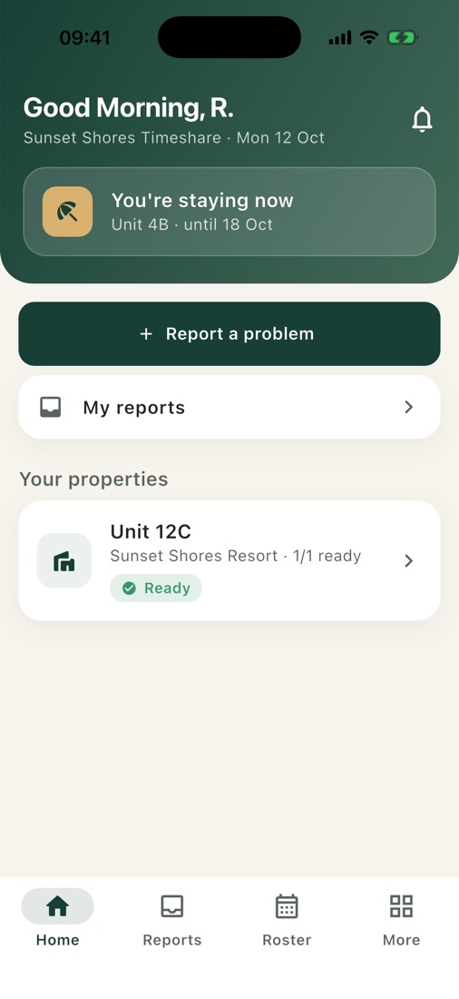 Owner home: you're staying now, report a problem, and your properties